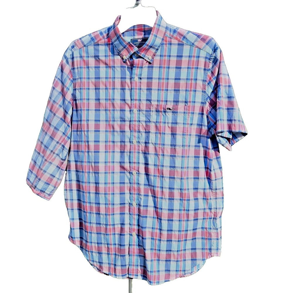 Vineyard Vines Men’s L SS Tucker Shirt Whale Print Classic Fit Blue Pink Plaid
